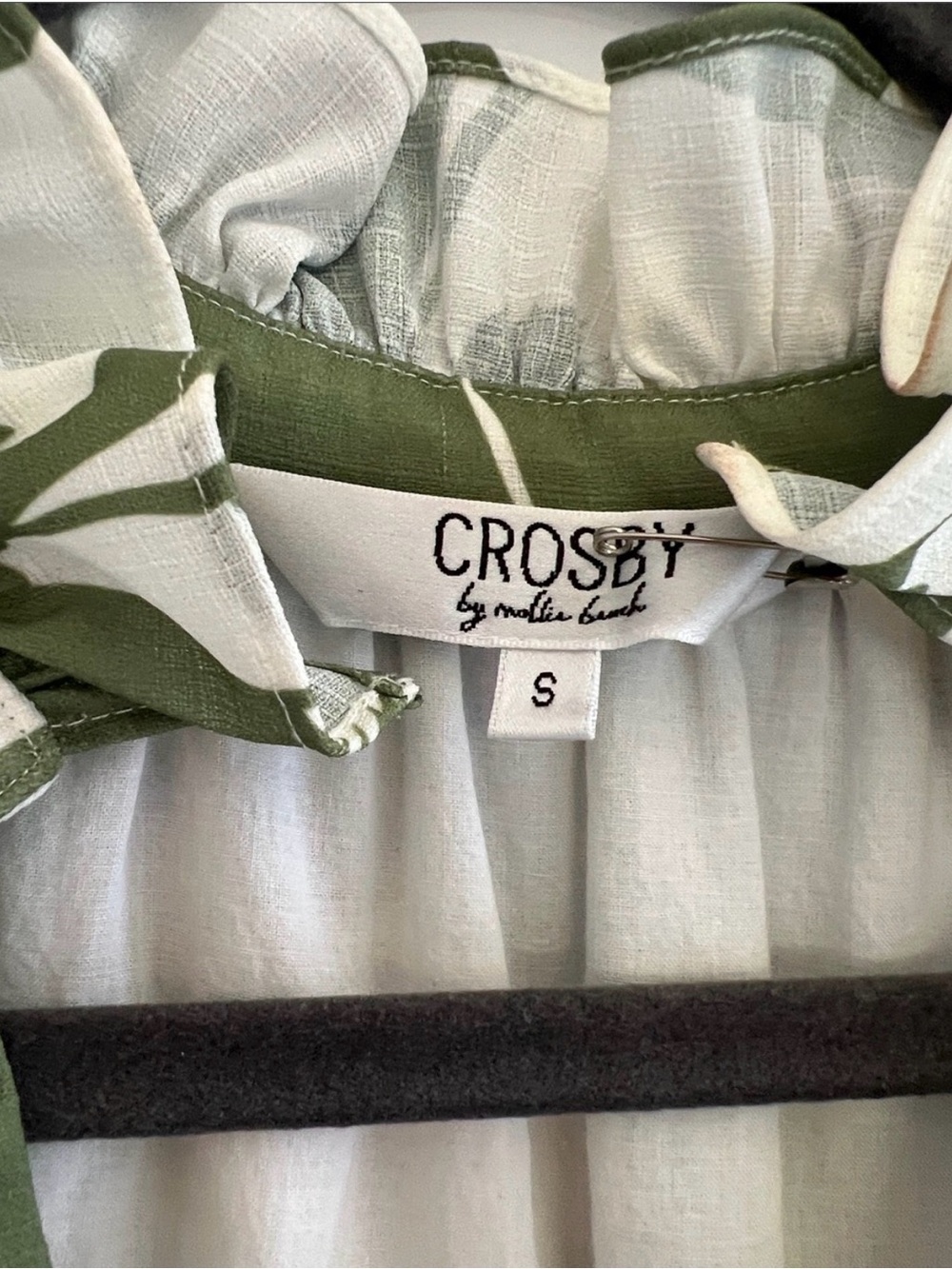 CROSBY by Mollie Burch Olive & White Leaf-Print Tiered Midi Dress – Size Small - Picture 5 of 6